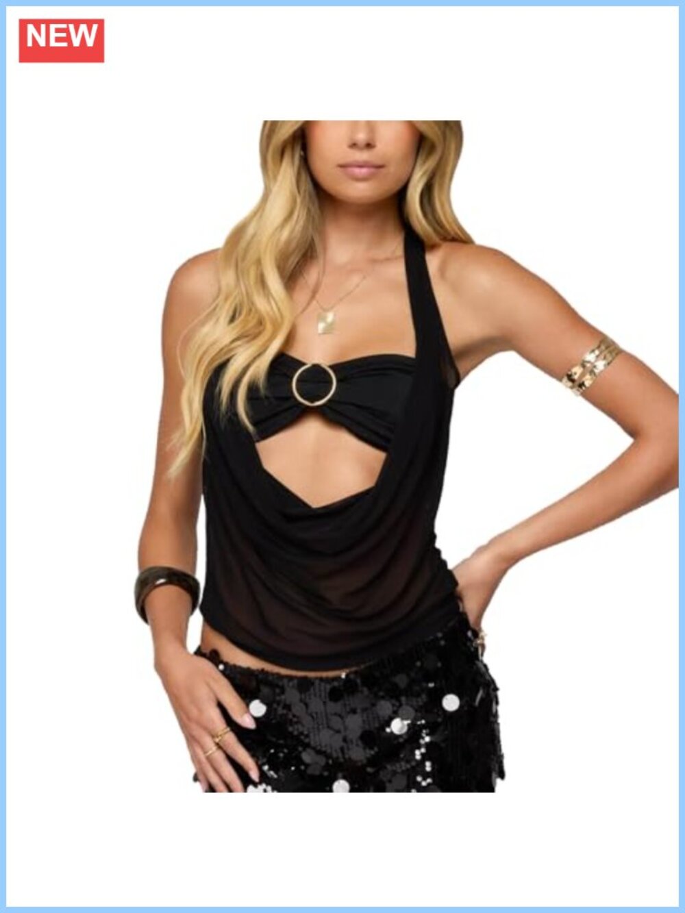 YUSAI Women Sheer Mesh Halter Tank Top Open Back Cowl Neck Draped Front